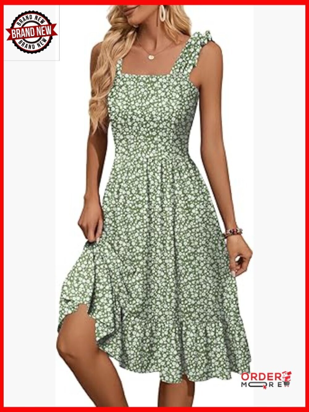 Women's Square Neck Midi Dress Ruffle Hem Flowy A-Line